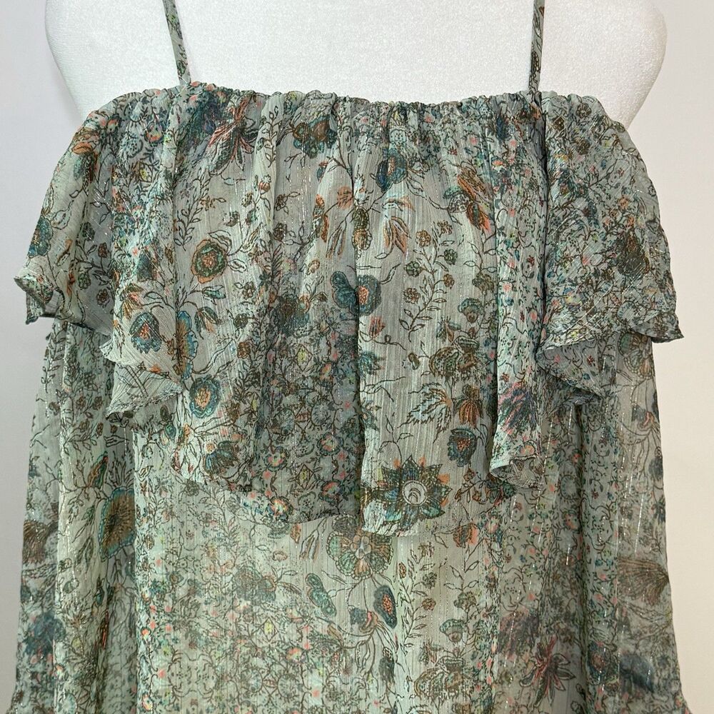 VICTORIA'S SECRET Adj Strap Sheer Top Women's L Sage Green Ruffled Floral Boho